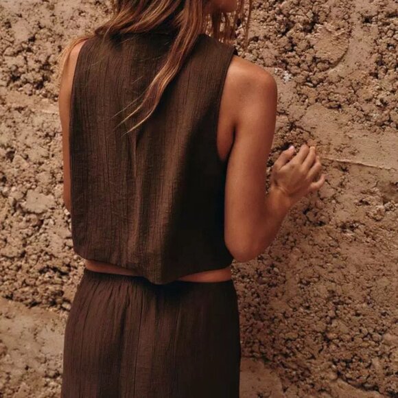 Zara Textured Tie-Front Cropped Vest Top - Brown - Size Small - Picture 4 of 5